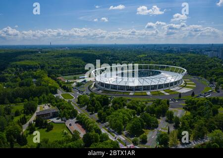 Aerial view of football stadium in Chorzow City, Poland. Photo made by drone from above. Stock Photo