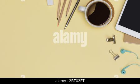 Top view workspace office supplies mockup with tablet, hot coffee cup, books and accessories isolated on yellow background, Overhead view with copy sp Stock Photo