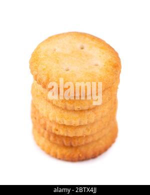 Stack round cracker isolated on white background. Dry cracker cookies isolated. Salty snacks isolated. Stock Photo