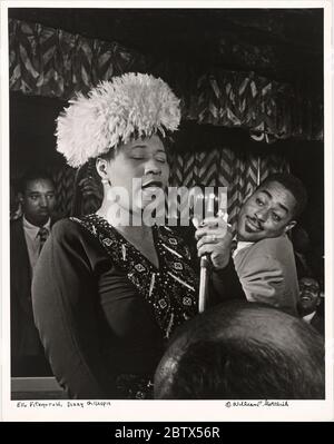 Ella Fitzgerald with Ray Brown Dizzy Gillespie and Milt Jackson. Hailed as the “First Lady of Song,” Fitzgerald topped DownBeat magazine’s annual readers’ poll as the best female vocalist for seventeen consecutive years (1953–70). Stock Photo