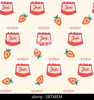 Strawberry jam seamless vector pattern. Repeating pattern with strawberry preserve jars. Use for fabric, gift wrap, packaging Stock Vector
