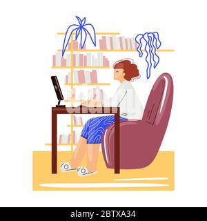 Freelance woman work in comfortable cozy home office vector flat illustration. Freelancer girl character working from home at relaxed pace, self Stock Vector