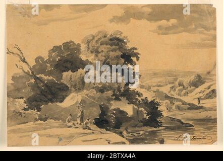 A Landscape. Research in ProgressThe setting shows a hilly country with a stream. A man sits in a rowing boat, near a group of stones and trees. A man and two women are resting near it. Stock Photo