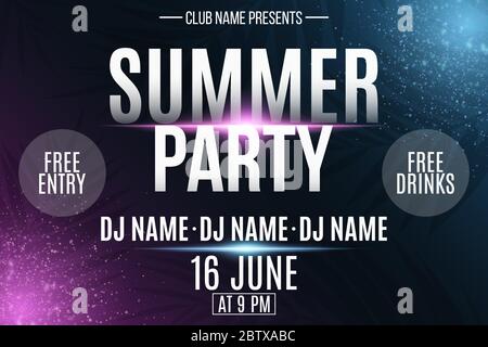 Summer party poster. Invitation flyer. Modern banner with neon light effect and tropical palm tree. Glowing purple and blue particles. DJ and club nam Stock Vector