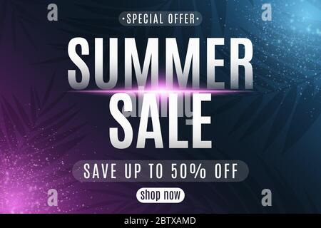 Summer sale poster. Greeting card. Lettering on dark background with neon glowing particles. Special offer template. Vector illustration. EPS 10 Stock Vector