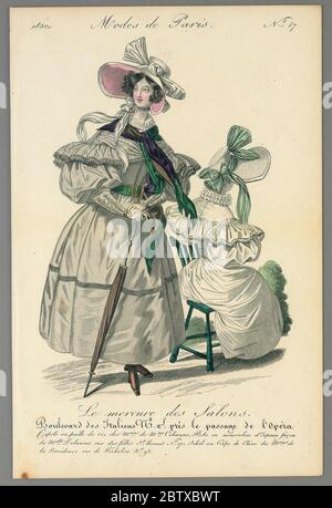 Fashion Plate from Le Mercure des Salons Modes de Paris. Research in ProgressTwo women in white dresses. One stands right, with pink ribbons. The other sits facing away, at left, with green ribbons on her dress. Title above and below. Stock Photo