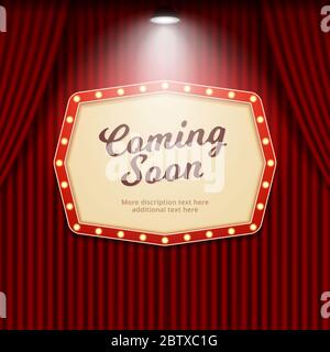 Coming soon retro theater sign illuminated by spotlight on cinema curtain background vector illustration. Stock Photo