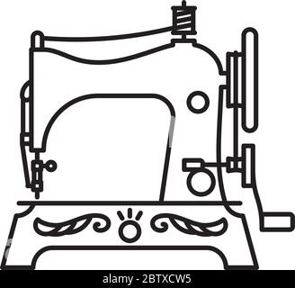 Vintage sewing machine vector line icon. Traditional tailoring craft outline symbol. Stock Vector