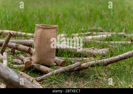 Sacks lay on the green grass Stock Photo