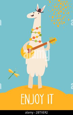 Vector funny cartoon hand drawn enjoy it card with lama playing banjo. Stock Vector