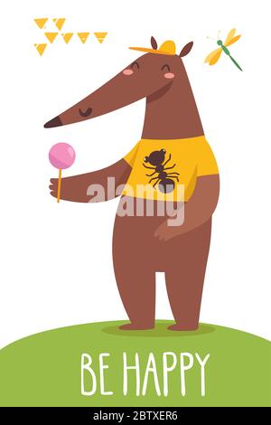 Vector funny cartoon hand drawn be happy card with anteater. Stock Vector