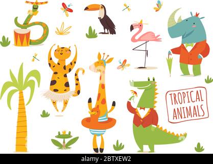 Cute vector set of funny cartoon hand drawn tropical animals. Stock Vector