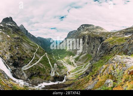 Trollstigen, Andalsnes, Norway. Serpentine Mountain Road Trollstigen. Famous Norwegian Landmark And Popular Destination. Norwegian County Road 63 In S Stock Photo