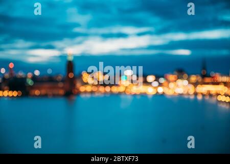 Stockholm, Sweden. Night Skyline Abstract Boke Bokeh Background. Design Backdrop. Stock Photo