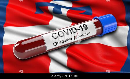 Italian state flag of Piedmont waving in the wind with a positive Covid-19 blood test tube. 3D illustration concept for blood testing for diagnosis of Stock Photo