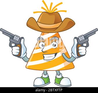 A masculine cowboy cartoon drawing of yellow party hat holding guns Stock Vector