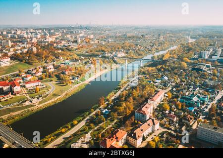 Grodno, Belarus. Aerial Bird's-eye View Of Hrodna Cityscape Skyline. Residential District In Sunny Autumn Day. Stock Photo