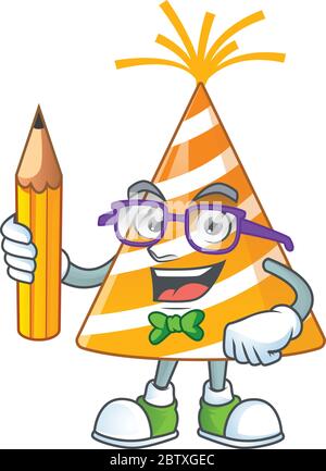 Yellow party hat student Mascot design concept studying at home Stock Vector
