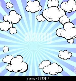 Frame of painted clouds. Radial rays of the sun. Retro style. Cartoon. Square format. Stock Vector