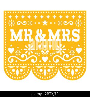 Mr and Mrs Papel Picado vector wedding greeting card design, Mexican paper cut out decoration with flowers Stock Vector