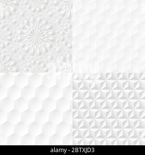 Set of white geometric seamless extruded patterns. Stock Vector