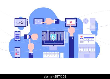 Use of gadgets. Internet security. Bright background. Flat style. Stock Vector
