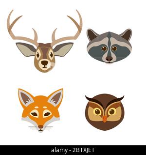 Set of muzzles of forest animals. In cartoon style. Stock Vector