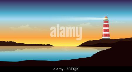 lighthouse by the ocean at beautiful sunset seascape vector illustration EPS10 Stock Vector