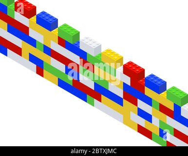 Construction kit. Children toy. Isometric brick wall. Stock Vector