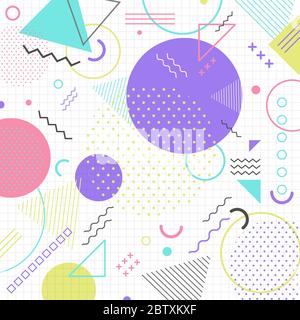 Abstract geometric shape pattern in retro 80s on grid background. Memphis style. Vector illustration Stock Vector