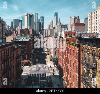 Madison Street from above with skyline in the background, Two Bridges, Manhattan, New York City, USA Stock Photo