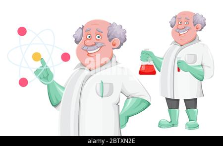 Professor cartoon character, set of two poses. Usable also as scientist, chemist, laboratory assistant, inventor, teacher etc. Vector illustration on Stock Vector
