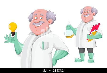 Professor cartoon character, set of two poses. Usable also as scientist, chemist, laboratory assistant, inventor, teacher etc. Vector illustration Stock Vector