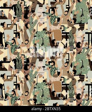 Large group happy people rejoices office seamless pattern Stock Vector