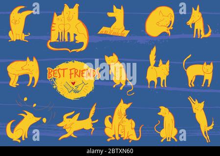 Vector illustration with set of cute characters dogs and cats Stock Vector