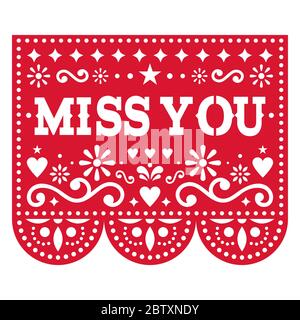 Miss you Papel Picado vector greeting card design, red Mexican paper cut out decoration with flowers Stock Vector