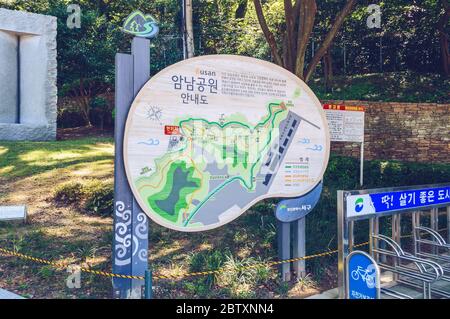 Busan, South Korea, September 14, 2019: wooden map of Amnam park with all attractions and facilities Stock Photo