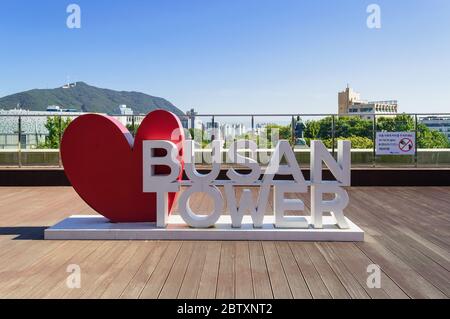 Busan, South Korea, September 14, 2019: Large sign of Busan tower with red heart and cityscape on background Stock Photo