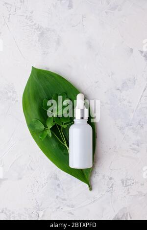 Natural Serums in white glass bottle. Concept of cosmetic injection is hyaluronic acid, botulin, serum, natural ingredients, natural calming tones, su Stock Photo