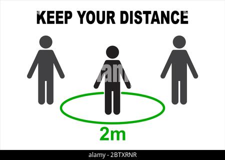 Simple people in a circle with two meters of social distance. Coronavirus epidemic protective concept. Keep your distance text above Stock Vector