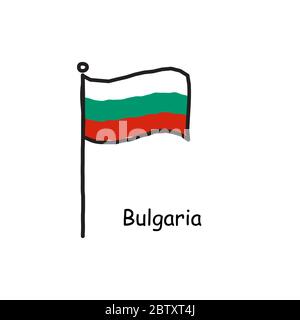 hand drawn sketchy Bulgaria flag on the flag pole. three color flag . Stock Vector illustration isolated on white background. Stock Vector