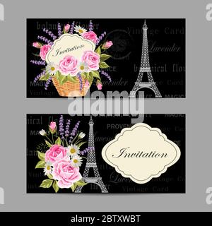 Set of horizontal banners with Eiffel Tower and flowers on vintge background Stock Vector