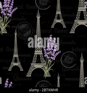 Seamless floral pattern with Eiffel towers on vintage postcard background. Vector illustration Stock Vector