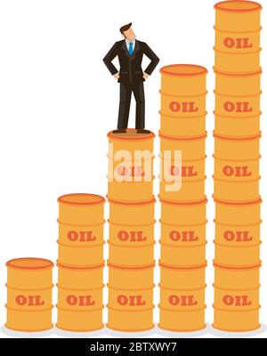 Businessman looking forward on top of oil barrels. Concept of rising oil prices and increase of petroleum costs due to the economy. Vector illustratio Stock Vector