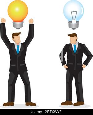 Two businessmen with one with a creative idea. The other businessman is furious for not having any idea. Showing the advantages and important of havin Stock Vector
