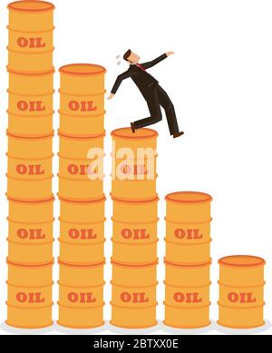Businessman danger of falling on top of oil barrels. Concept of falling oil prices and decrease of petroleum costs due to the economy. Vector illustra Stock Vector