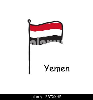 hand drawn sketchy Yemen flag on the flag pole. three color flag . Stock Vector illustration isolated on white background. Stock Vector