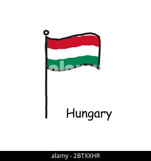 hand drawn sketchy Hungary flag on the flag pole. three color flag . Stock Vector illustration isolated on white background. Stock Vector