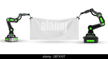 Blank poster supported by the robotic arms Stock Photo