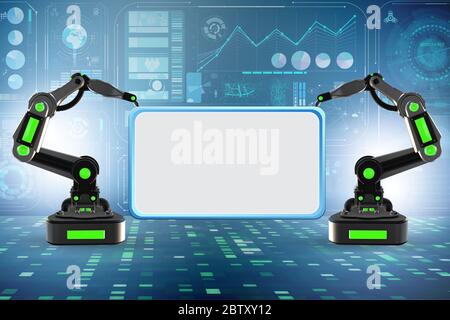 Blank poster supported by the robotic arms Stock Photo